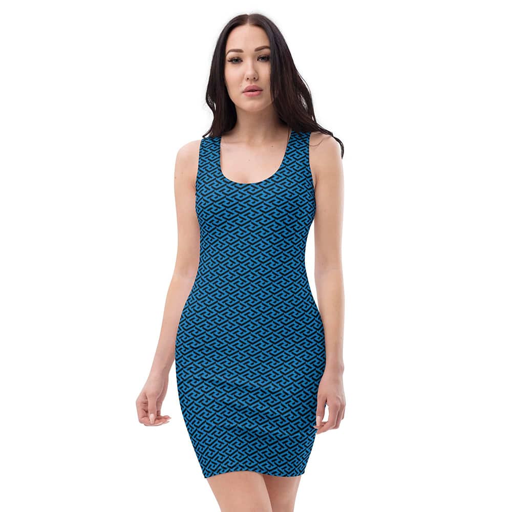 Image of woman wearing Navy Blue Casual Fitted Dress With Greek Geo Pattern from Parnova Store