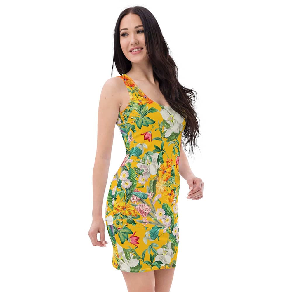 Image of woman wearing Yellow With Large Floral Print Casual Fitted Dress from Parnova Store